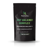 A black stand-up pouch of Nutrality Gut Balance Complex food supplement, featuring green and white text on a clean white background with a soft reflection below.