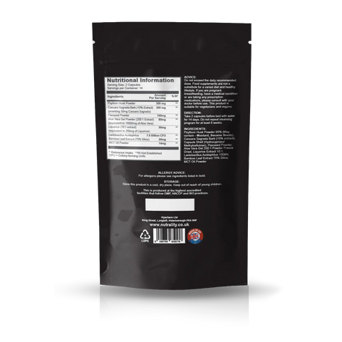 The back of a black resealable stand-up pouch with printed nutrition facts, ingredients, and warning text, shown on a white background with a faint reflection below.