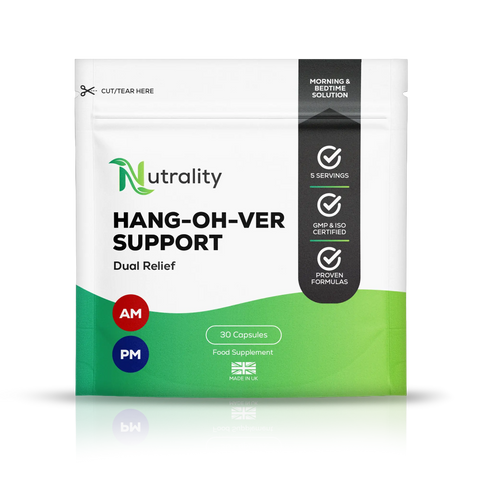 A stand-up pouch of Nutrality Hang-Oh-Ver Support dual relief food supplement, featuring a white and green design with a black vertical banner on the right side, set against a plain white background with a subtle reflection.