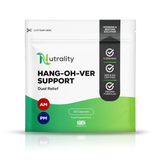 A stand-up pouch of Nutrality Hang-Oh-Ver Support dual relief food supplement, featuring a white and green design with a black vertical banner on the right side, set against a plain white background with a subtle reflection.