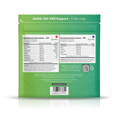 The back of a green hang-sleeve supplement pouch showing nutritional information and ingredient details, with the brand name Nutrality visible.