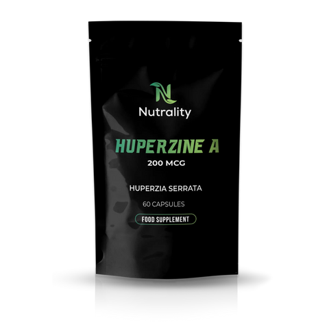 A black stand-up pouch of Nutrality Huperzine A 200 MCG food supplement, featuring green and white text on a clean white background with a soft reflection.