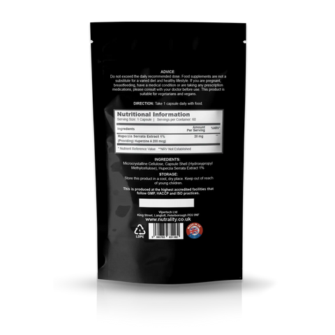 The back of a black stand-up pouch packaging, shown on a white background with a soft reflection.