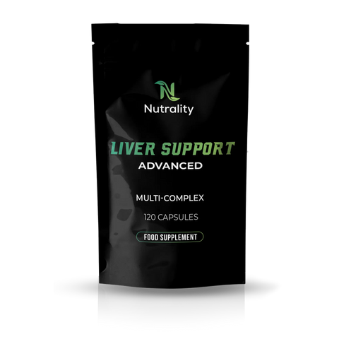 A black stand-up pouch of Nutrality Liver Support Advanced food supplement, 120 capsules, shown on a white background with a soft reflection underneath.