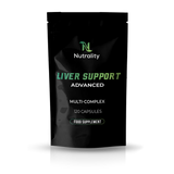 A black stand-up pouch of Nutrality Liver Support Advanced food supplement, 120 capsules, shown on a white background with a soft reflection underneath.