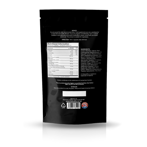 The back of a black stand-up pouch package, showing printed nutrition facts, ingredients, and storage instructions on a clean white background with a soft reflection below.