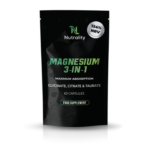 A black stand-up pouch of Nutrality Magnesium 3-In-1 food supplement, featuring green and white text and a silver circular badge indicating 124% NRV, set against a plain white background with a soft reflection.