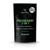 A black stand-up pouch of Nutrality Magnesium 3-In-1 food supplement, featuring green and white text and a silver circular badge indicating 124% NRV, set against a plain white background with a soft reflection.