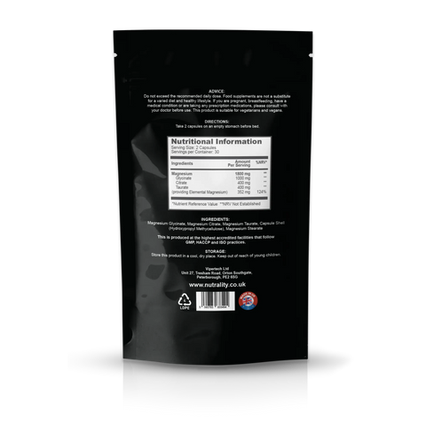 The back of a black stand-up pouch package, showing printed text, a nutrition facts label, ingredients, storage instructions, and a barcode on a white studio background.