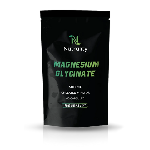 A black stand-up pouch of Nutrality Magnesium Glycinate 500 mg chelated mineral supplement, 60 capsules, shown on a white background with a soft reflection.