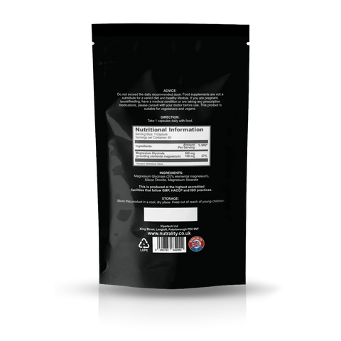 The back of a black stand-up pouch package, showing nutritional information, ingredients, directions, and a barcode on a clean white background with a soft reflection.
