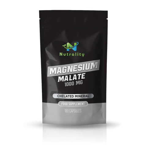 A black stand-up pouch of Nutrality Magnesium Malate 1000 MG food supplement, featuring a green and blue Nutrality logo and white and silver text, set against a plain white background with a soft reflection.