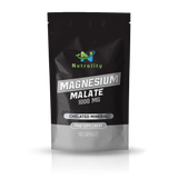 A black stand-up pouch of Nutrality Magnesium Malate 1000 MG food supplement, featuring a green and blue Nutrality logo and white and silver text, set against a plain white background with a soft reflection.