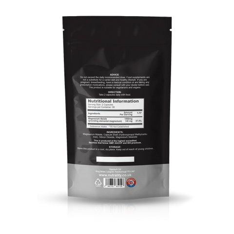 The back of a black stand-up pouch with a gray lower section, showing product details, a nutrition label, and a barcode on a white background.
