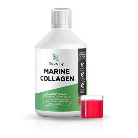 A white bottle of Nutrality Marine Collagen liquid food supplement with a white cap, shown on a white background next to a small clear glass filled with bright pink-red liquid.