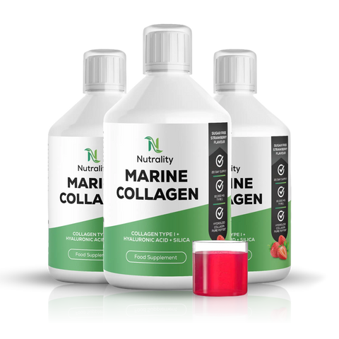 Three white bottles of Nutrality Marine Collagen food supplement with green and black labels, arranged in a group with a small clear jar of bright pink powder in front on a white background.