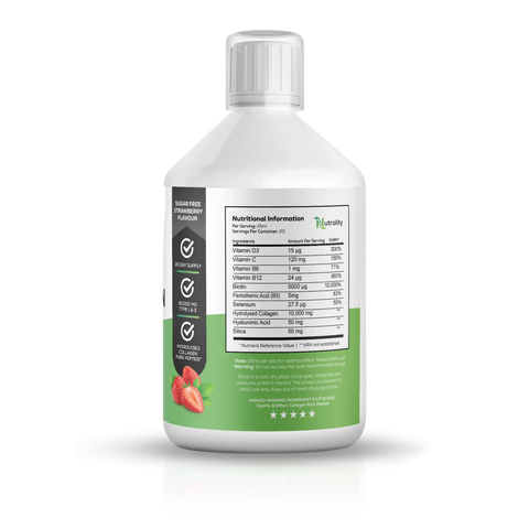 A white plastic bottle of Vitality Vitamin Water with a green and gray label, shown from the back to display the detailed nutrition facts and ingredients. The bottle is centered on a clean white background with a soft shadow.