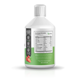 A white plastic bottle of Vitality Vitamin Water with a green and gray label, shown from the back to display the detailed nutrition facts and ingredients. The bottle is centered on a clean white background with a soft shadow.