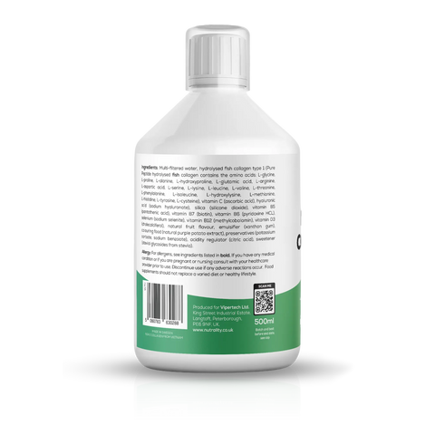 A 500ml bottle of Viperfish Collagen powder, shown from the back to display the detailed ingredient list, barcode, and QR code. The bottle is white with a clear cap and features a green label at the bottom.