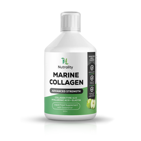 A white bottle of Nutrality Marine Collagen liquid food supplement with a white cap, featuring a green and white label with black text, set against a plain white background with a soft reflection.