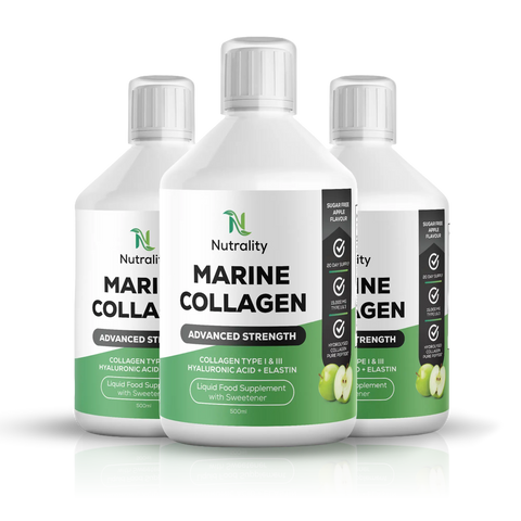 Three white plastic bottles of Nutrality Marine Collagen Advanced Strength liquid food supplement arranged in a group on a white background with a soft reflection.