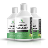 Three white plastic bottles of Nutrality Marine Collagen Advanced Strength liquid food supplement arranged in a group on a white background with a soft reflection.