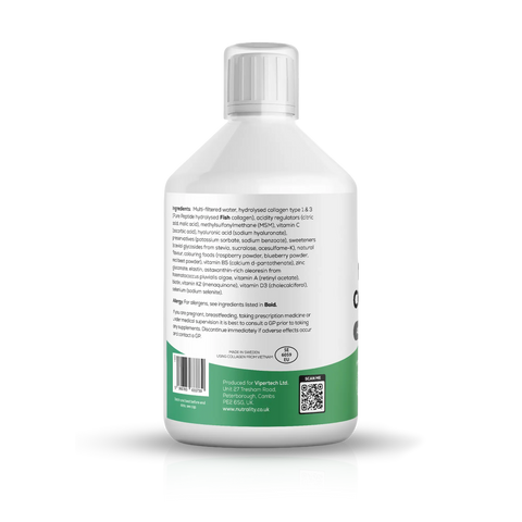 A white bottle with a white cap, showing the back label with ingredients, usage, and a green band at the bottom.