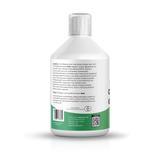 A white bottle with a white cap, showing the back label with ingredients, usage, and a green band at the bottom.
