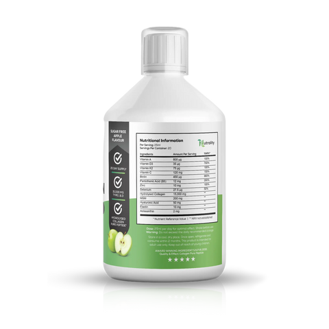 A white plastic bottle of, shown from the back to display the detailed nutritional information label. The label features a black sidebar on the left with icons for sugar-free, gluten free, alongside a green section at the bottom with apple illustrations.