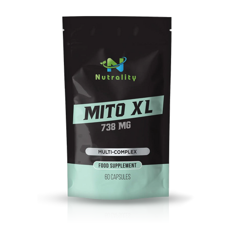 A black stand-up pouch of Nutrality Mito XL 738 MG multi-complex food supplement, featuring a mint green and white label design on a white background with a soft reflection.