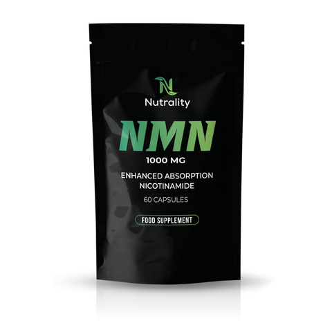 A black stand-up pouch of Nutrality NMN 1000 MG food supplement capsules, featuring green and white text on a clean white background with a soft reflection.