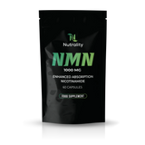A black stand-up pouch of Nutrality NMN 1000 MG food supplement capsules, featuring green and white text on a clean white background with a soft reflection.