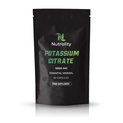 A black stand-up pouch of Nutrality Potassium Citrate 1000 mg food supplement capsules, shown on a white background with a soft reflection.