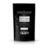 The back of a black stand-up pouch package, showing printed text, a nutrition label box, ingredients, storage instructions, and a barcode on a white background.