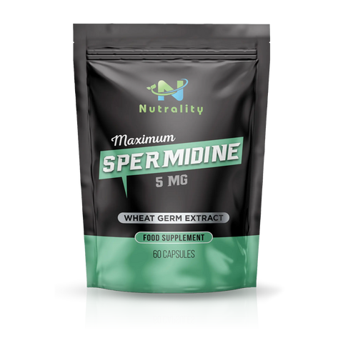 A stand-up pouch of Nutrality Maximum Spermidine 5 MG Food Supplement, featuring a black and green design with wheat germ extract branding, set against a plain white background.