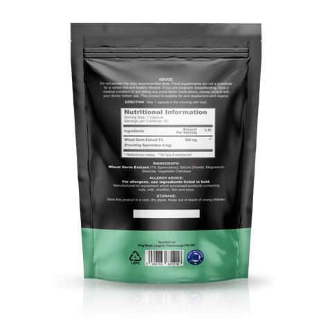 Back view of a stand-up pouch supplement package on a white background with a reflection. The pouch is black on the upper portion and teal-green on the lower portion, with a white Nutrition Facts label centered on the back.