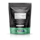 Back view of a stand-up pouch supplement package on a white background with a reflection. The pouch is black on the upper portion and teal-green on the lower portion, with a white Nutrition Facts label centered on the back.