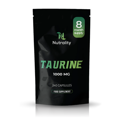 A black stand-up pouch of Nutrality Taurine 1000 MG food supplement, featuring a green '8 month supply' badge and green text, shown on a white background with a soft reflection.