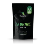 A black stand-up pouch of Nutrality Taurine 1000 MG food supplement, featuring a green '8 month supply' badge and green text, shown on a white background with a soft reflection.
