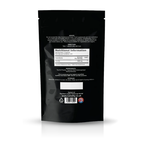 The back of a black stand-up pouch package, showing printed nutritional information, ingredients, storage instructions, and a barcode on a clean white background.