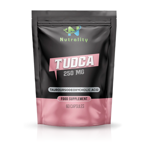A stand-up pouch of Nutrality TUDCA 250 MG food supplement, featuring a black and pink design with white and green text, shown on a white background with a soft reflection.