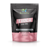 A stand-up pouch of Nutrality TUDCA 250 MG food supplement, featuring a black and pink design with white and green text, shown on a white background with a soft reflection.