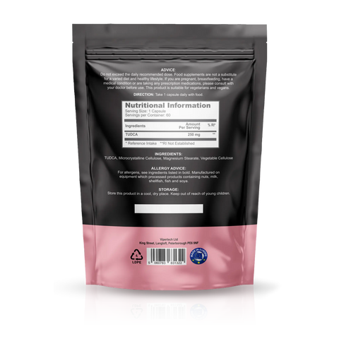 Back view of a black and pink stand-up pouch package with a Nutrition Information label, barcode, and product details, photographed on a white background with a soft reflection.