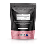 Back view of a black and pink stand-up pouch package with a Nutrition Information label, barcode, and product details, photographed on a white background with a soft reflection.