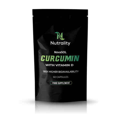 A black stand-up pouch of Nutrality NovaSOL Curcumin with Vitamin D, featuring green and white text on a clean white background with a soft reflection.