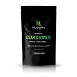 A black stand-up pouch of Nutrality NovaSOL Curcumin with Vitamin D, featuring green and white text on a clean white background with a soft reflection.