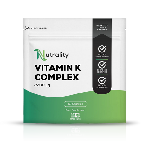 A stand-up pouch of Nutrality Vitamin K Complex 2200 Ωg food supplement, featuring a white and green color scheme with a black vertical banner on the right side.