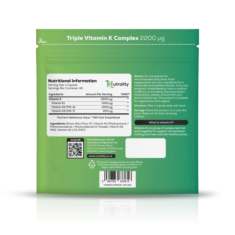 The back of a green stand-up pouch for Nutruality Triple Vitamin K Complex 2200 Ωg, showing nutrition facts, ingredients, a QR code, and usage/advice text on a white background.