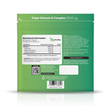 The back of a green stand-up pouch for Nutruality Triple Vitamin K Complex 2200 Ωg, showing nutrition facts, ingredients, a QR code, and usage/advice text on a white background.
